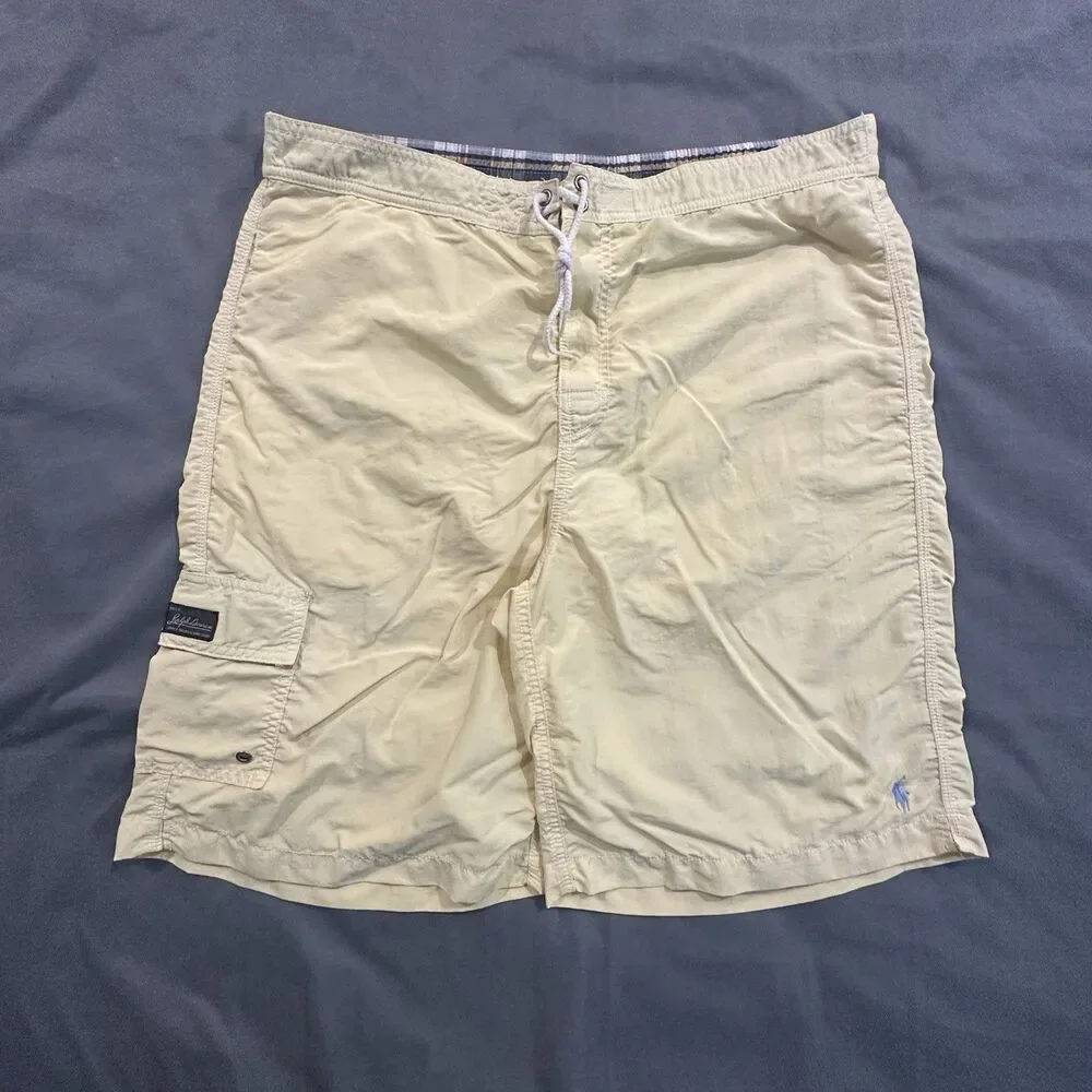 Vintage 90s Polo Ralph Lauren Board Shorts Mens L Yellow Swim Trunks Drawstring